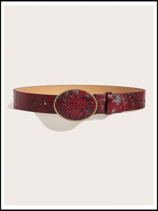 Women\'s Floral Western Belt Oval Buckle Vintage PU Leather Belts